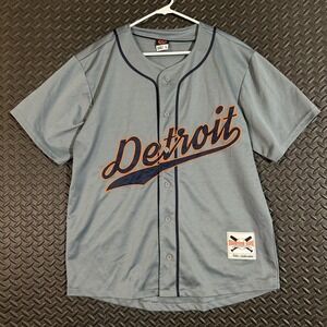 Noiz Detroit Baseball Jersey Gray Blue Button Front‎ Men's L Athletic Streetwear